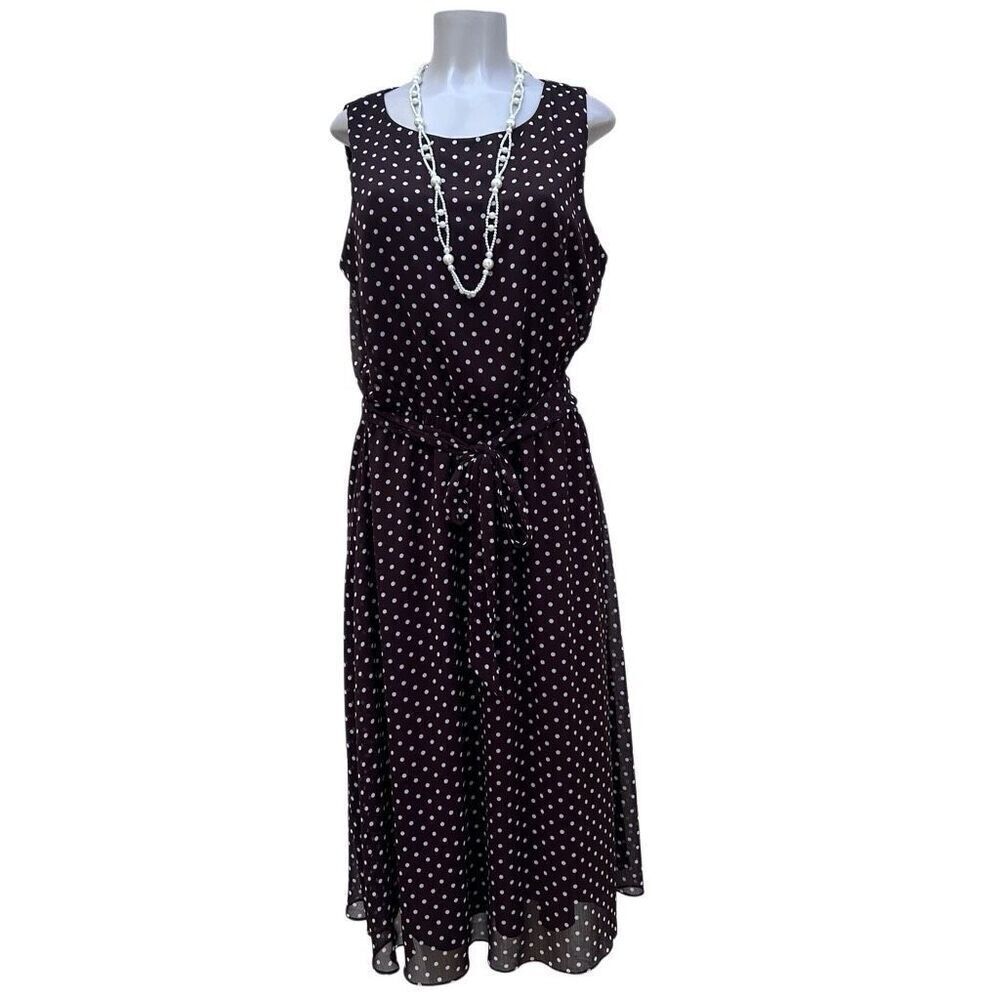 JBS Midi Dress Women's Size 14 Brown White Polka Dot Sleeveless Belted Chiffon
